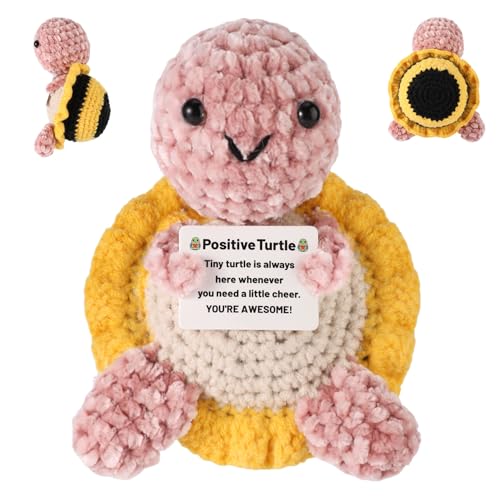 TOYMIS Positive Schildkröte, Tier-Häkelspielzeug Handgefertigt Inspirierendes Freundschaftsgeschenk Süße Gestrickte Emotionale Puppe mit Motivationskarte für Schildkrötenliebhaber (Pink, Gelb) von TOYMIS