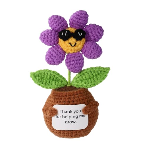 TOYMIS Positive Sonnenblume, Handgefertigte Sonnenblumen Häkelpuppe mit Karte Positives Geschenk für Freunde Familie und Kollegen Auto Zuhause Büro Schreibtisch Dekor (Lila) von TOYMIS