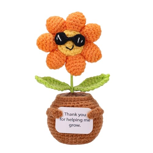 TOYMIS Positive Sonnenblume, Handgefertigte Sonnenblumen Häkelpuppe mit Karte Positives Geschenk für Freunde Familie und Kollegen Auto Zuhause Büro Schreibtisch Dekor (Orange) von TOYMIS