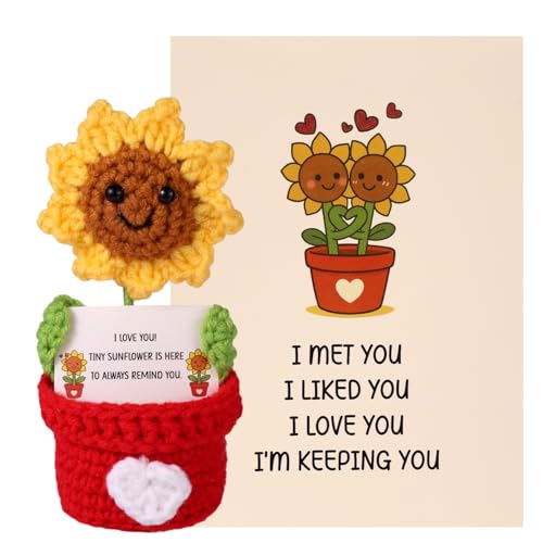 TOYMIS Positive Sonnenblumenpuppe, Handgemachte Gehäkelte Sonnenblume mit Positiver Karte Süße Gestrickte Blumenpuppe für Familie Freunde Kollegen von TOYMIS
