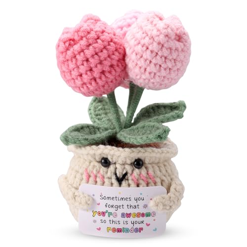 TOYMIS Positive Tulip, Süße Positive Tulpenpuppe Handgefertigt Rosa Gestricktes Blumenplüsch mit Ermutigungskarte Süße Schreibtischdekoration für Erwachsene Kinder Freunde von TOYMIS