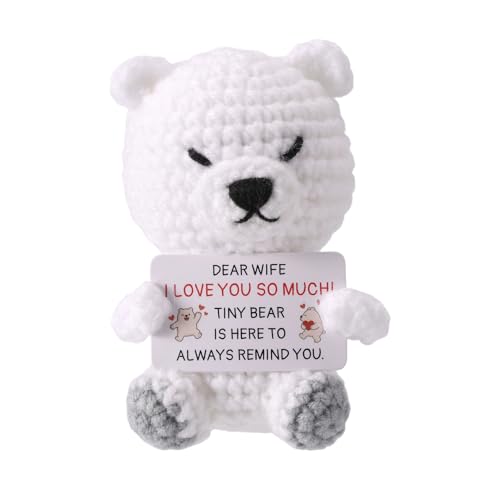 TOYMIS Positiver Bär, 10 x 8 x 7 cm Handgefertigter Gehäkelter Eisbär mit Karte für die Ehefrau Inspirierende Positive Puppe Valentinstag Jahrestag Geburtstagsgeschenk (für die Ehefrau) von TOYMIS