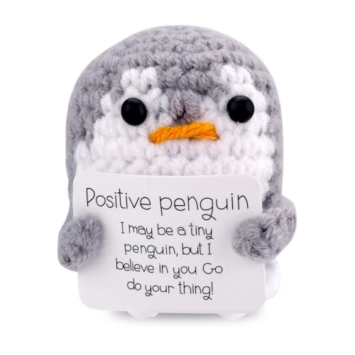 TOYMIS Positiver Gehäkelter Pinguin, Lustige Pinguinpuppe mit Positiver Karte Gestrickter Pinguin Unterstützendes Häkelspielzeug Geschenke zur Emotionalen Ermutigung für Freunde (Grau, 6x4,2cm) von TOYMIS