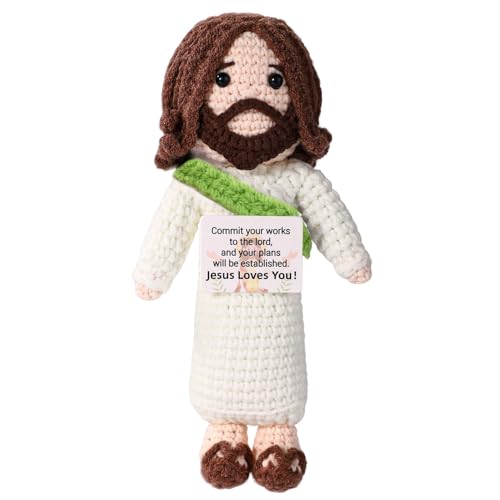TOYMIS Positiver Jesus, Häkelspielzeug Handgefertigt Inspirierende Dekoration Büro Emotionale Religiöse Puppe mit Motivationskarte Feiern Geschenk für Christliche Weihnachten (Grüner Schal) von TOYMIS