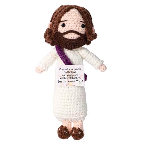 TOYMIS Positiver Jesus, Häkelspielzeug Handgefertigt Inspirierende Dekoration Büro Emotionale Religiöse Puppe mit Motivationskarte Feiern Geschenk für Christliche Weihnachten (Lila Schal) von TOYMIS