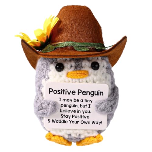 TOYMIS Positiver Pinguin, Sonnenblumen Pinguin Gehäkelter mit Cowboyhut Emotionale Unterstützung Tierhäkeln für Inspirierendes Geschenk Zuhause Büro Dekor Abschlussgeschenk von TOYMIS