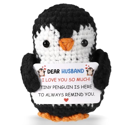 TOYMIS Positiver Pinguin Gehäkelt, Emotionale Plüschpuppe zur Positiven Unterstützung Süßer Gestrickter Pinguin mit Ermutigungskarte für den Ehemann von TOYMIS