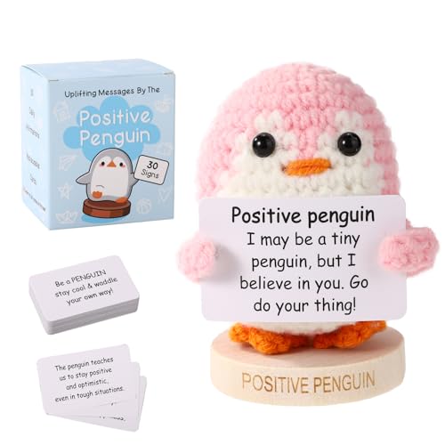 TOYMIS Positiver Pinguin mit Sockel, Emotionaler Plüsch Positive Unterstützung Wollhäkel-Pinguin Strickspielzeug Aufmunterndes Geschenk für Freunde und Familien Weihnachts Geburtstags (Pink) von TOYMIS