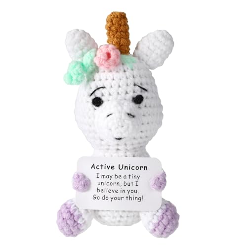 TOYMIS Positives Einhorn, 13cm Handgemachte Einhorn-Puppe zur Positiven Unterstützung Süße Häkelpuppe mit Einer Motivationskarte Ermutigungsgeschenk von TOYMIS