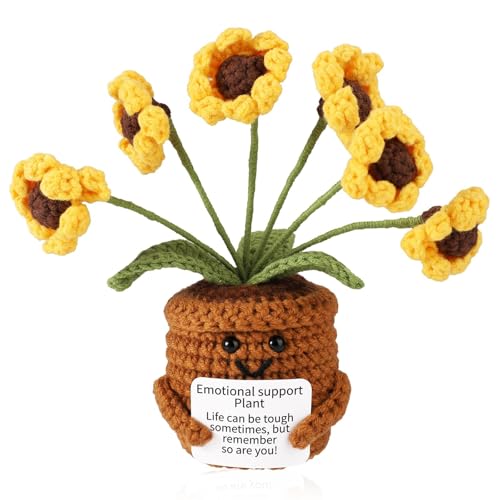 TOYMIS Positives Gänseblümchen, Pflanzen Häkeln Emotionalen Unterstützung Blumen Häkeln mit Positiver Nachrichtenkarte für Belebendes Geschenk Zuhause Büro Dekor Abschlussgeschenk(Gelb) von TOYMIS