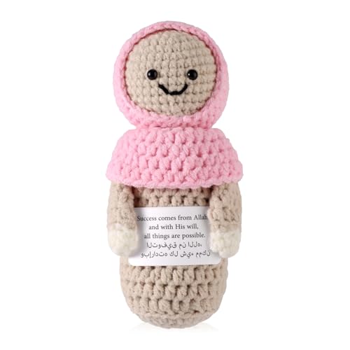 TOYMIS Positives Gehäkelt Muslimisches Mädchen, 14 cm Emotionale Gestrickt Unterstützung Hijab-Puppenspielzeug mit Inspirierender Karte Heimbüro Dekor Ramadan-Geschenke für Frauen Männer Freunde von TOYMIS