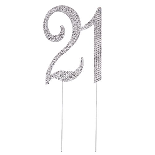 TOYMYTOY 21 Tortenaufsatz für 21. Geburtstag, Party oder Jahrestag, Kristall-Strasssteine, dekorativer Tortenaufsatz für Partyzubehör (Silber) von TOYMYTOY