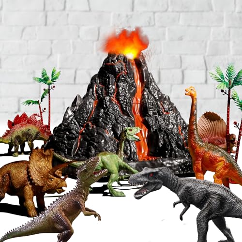 Großer Vulkan Set mit 9 realistischen Dinosaurier Action Figuren für Kinder 2 3 4 5 Jahre, simulierte Vulkanausbrüche w/Klänge, Vulkan kann Dinos speichern, Geschenk für Kleinkinder Jungen Mädchen von TOYSXYIN