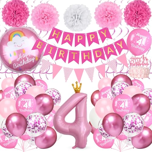 4 Geburtstag Dekorationen Mädchen, Rosa Party Dekoration Set mit Großer Zahl 4 Folienballon, Happy Birthday Banner, Papier Pompoms für Mädchen 4 Jahre Alt Party Decor 4 Geburtstag Dekorationen Mädchen, Rosa Party Dekoration Set mit Großer Zahl 4 Folienballon, Happy Birthday Banner, Papier Pompoms für Mädchen 4 Jahre Alt Party Decor von TOYTOPIE