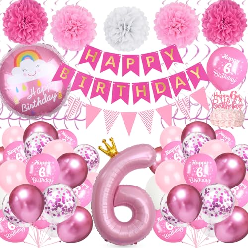 6 Geburtstag Dekorationen Mädchen, Rosa Party Dekoration Set mit Großer Zahl 6 Folienballon, Happy Birthday Banner, Papier Pompoms für Mädchen 6 Jahre Alt Party Decor 6 Geburtstag Dekorationen Mädchen, Rosa Party Dekoration Set mit Großer Zahl 6 Folienballon, Happy Birthday Banner, Papier Pompoms für Mädchen 6 Jahre Alt Party Decor von TOYTOPIE