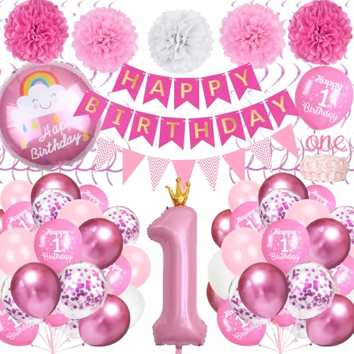 Deko 1. Geburtstag Mädchen, Rosa Erster Geburtstag Deko mit Rosa Folienballon Zahl 1, Happy Birthday Banner, Happy Birthday Folienballon, Papierpompons, Pastell Ballons für 1 Jahr Mädchen Deko 1. Geburtstag Mädchen, Rosa Erster Geburtstag Deko mit Rosa Folienballon Zahl 1, Happy Birthday Banner, Happy Birthday Folienballon, Papierpompons, Pastell Ballons für 1 Jahr Mädchen von TOYTOPIE