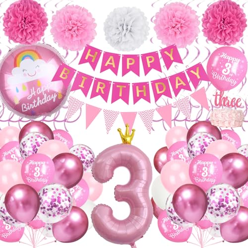 Deko 3. Geburtstag Mädchen Rosa Mit Folienballon Zahl 3, Happy Birthday Banner, Papierpompons, Pastell Ballons für 3 Jahr Mädchen Deko 3. Geburtstag Mädchen Rosa Mit Folienballon Zahl 3, Happy Birthday Banner, Papierpompons, Pastell Ballons für 3 Jahr Mädchen von TOYTOPIE