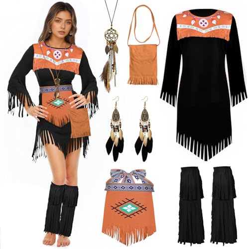 TOYTOPIE Indianer Kostüm Damen, Indianer Costume Set für Erwachsene Schwarz, mit Damenkleid, Beutel, Stirnband,Beinkleider, Gürtel, Feder-Halskette, Ohrringe, ideal für Karneval oder Mottoparty (M) von TOYTOPIE