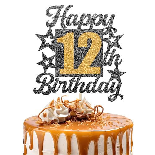 Happy 12th Birthday Cake Topper - Cheers to 12 Years Black Gold Glitter - 12 & Fabulous Cake Decoration - Kids Birthday Cake Topper for Girls or Boys - Party Supplies Happy 12th Birthday Cake Topper - Cheers to 12 Years Black Gold Glitter - 12 & Fabulous Cake Decoration - Kids Birthday Cake Topper for Girls or Boys - Party Supplies von TOYVENTURES