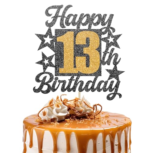 Happy 13th Birthday Cake Topper - Cheers to 13 Years Black Gold Glitter - 13 & Fabulous Cake Decoration - Kids Birthday Cake Topper for Girls or Boys - Party Supplies von TOYVENTURES