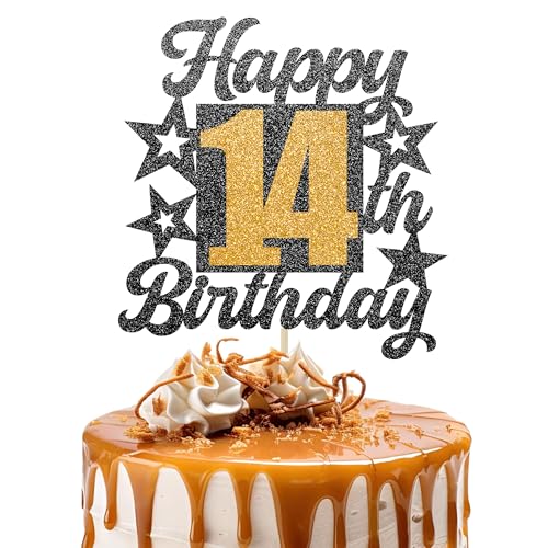 Happy 14th Birthday Cake Topper - Cheers to 14 Years Black Gold Glitter - 14 & Fabulous Cake Decoration - Kids Birthday Cake Topper for Girls or Boys - Party Supplies Happy 14th Birthday Cake Topper - Cheers to 14 Years Black Gold Glitter - 14 & Fabulous Cake Decoration - Kids Birthday Cake Topper for Girls or Boys - Party Supplies von TOYVENTURES