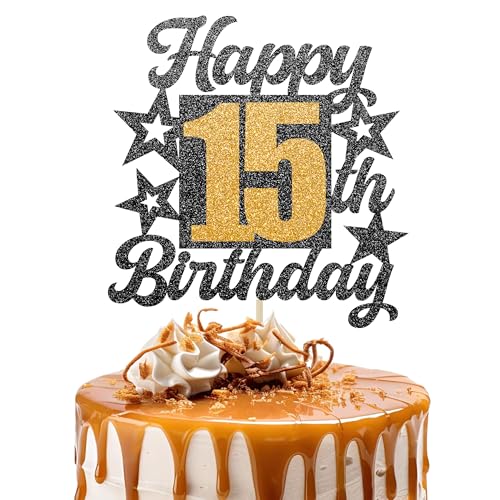Happy 15th Birthday Cake Topper - Cheers to 15 Years Black Gold Glitter - 15 & Fabulous Cake Decoration - Kids Birthday Cake Topper for Girls or Boys - Party Supplies Happy 15th Birthday Cake Topper - Cheers to 15 Years Black Gold Glitter - 15 & Fabulous Cake Decoration - Kids Birthday Cake Topper for Girls or Boys - Party Supplies von TOYVENTURES