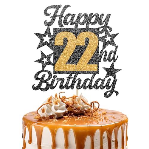 Happy 22nd Birthday Cake Topper - Cheers to 22 Years Black Gold Glitter - 22 & Fabulous Cake Decoration - Kids Birthday Cake Topper for Girls or Boys - Party Supplies von TOYVENTURES