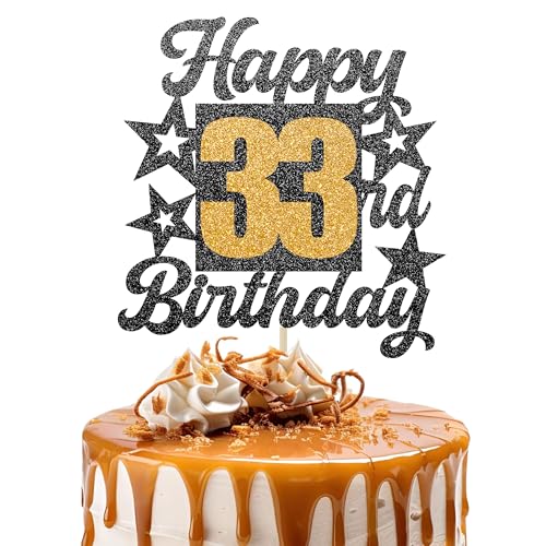 Happy 33rd Birthday Cake Topper - Cheers to 33 Years Black Gold Glitter - 33 & Fabulous Cake Decoration - Kids Birthday Cake Topper for Girls or Boys - Party Supplies von TOYVENTURES