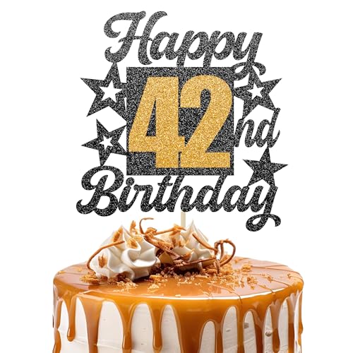 Happy 42nd Birthday Cake Topper - Cheers to 42 Years Black Gold Glitter - 42 & Fabulous Cake Decoration - Kids Birthday Cake Topper for Girls or Boys - Party Supplies von TOYVENTURES