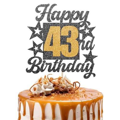 Happy 43rd Birthday Cake Topper - Cheers to 43 Years Black Gold Glitter - 43 & Fabulous Cake Decoration - Kids Birthday Cake Topper for Girls or Boys - Party Supplies von TOYVENTURES