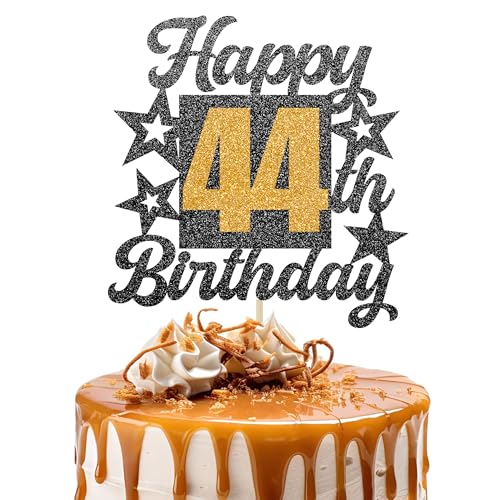 Happy 44th Birthday Cake Topper - Cheers to 44 Years Black Gold Glitter - 44 & Fabulous Cake Decoration - Kids Birthday Cake Topper for Girls or Boys - Party Supplies von TOYVENTURES