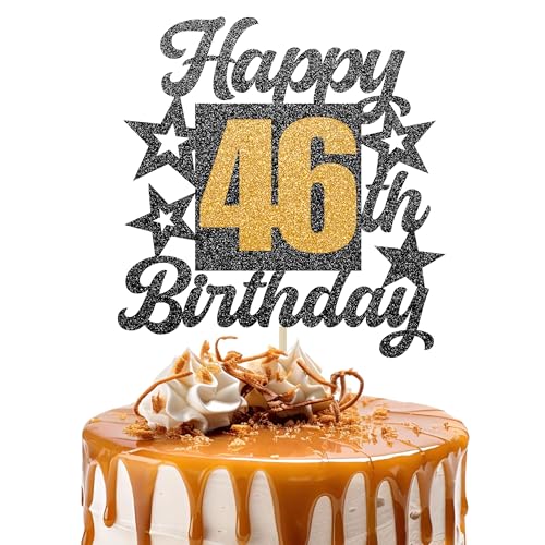 Happy 46th Birthday Cake Topper - Cheers to 46 Years Black Gold Glitter - 46 & Fabulous Cake Decoration - Kids Birthday Cake Topper for Girls or Boys - Party Supplies Happy 46th Birthday Cake Topper - Cheers to 46 Years Black Gold Glitter - 46 & Fabulous Cake Decoration - Kids Birthday Cake Topper for Girls or Boys - Party Supplies von TOYVENTURES