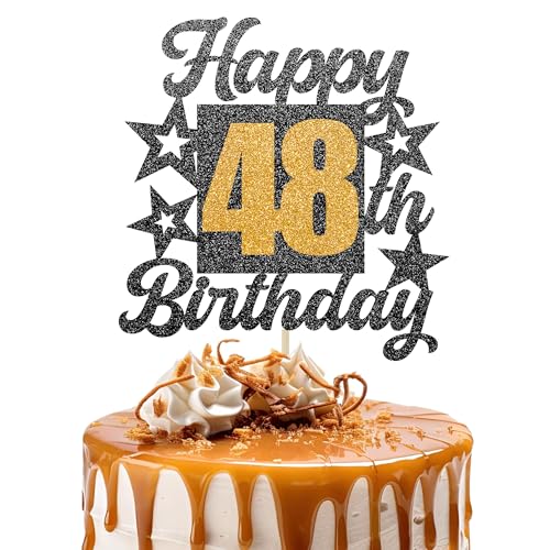Happy 48th Birthday Cake Topper - Cheers to 48 Years Black Gold Glitter - 48 & Fabulous Cake Decoration - Kids Birthday Cake Topper for Girls or Boys - Party Supplies von TOYVENTURES