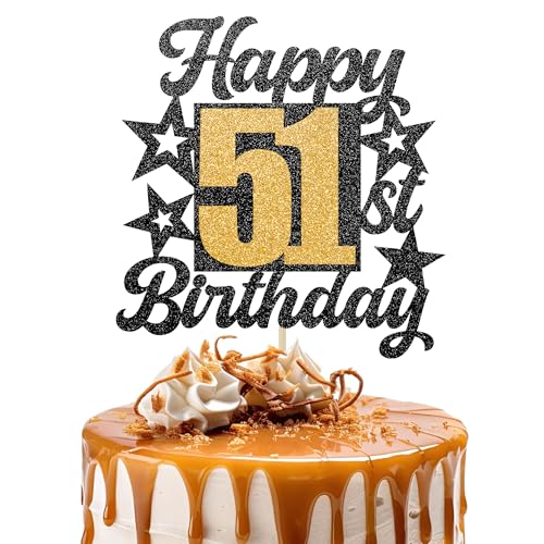 Happy 51st Birthday Cake Topper - Cheers to 51 Years Black Gold Glitter - 51 & Fabulous Cake Decoration - Kids Birthday Cake Topper for Girls or Boys - Party Supplies von TOYVENTURES