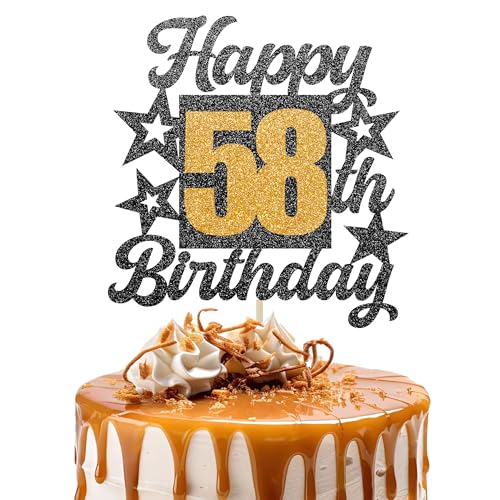 Happy 58th Birthday Cake Topper - Cheers to 58 Years Black Gold Glitter - 58 & Fabulous Cake Decoration - Kids Birthday Cake Topper for Girls or Boys - Party Supplies von TOYVENTURES
