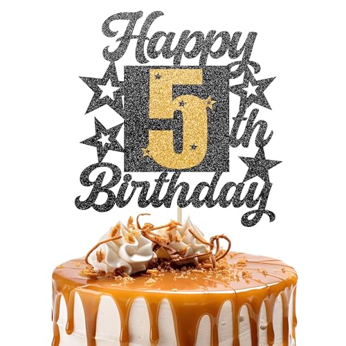 Happy 5th Birthday Cake Topper - Cheers to 5 Years Black Gold Glitter - 5 & Fabulous Cake Decoration - Kids Birthday Cake Topper for Girls or Boys - Party Supplies Happy 5th Birthday Cake Topper - Cheers to 5 Years Black Gold Glitter - 5 & Fabulous Cake Decoration - Kids Birthday Cake Topper for Girls or Boys - Party Supplies von TOYVENTURES