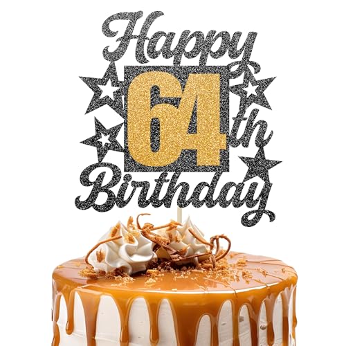 Happy 64th Birthday Cake Topper - Cheers to 64 Years Black Gold Glitter - 64 & Fabulous Cake Decoration - Kids Birthday Cake Topper for Girls or Boys - Party Supplies von TOYVENTURES