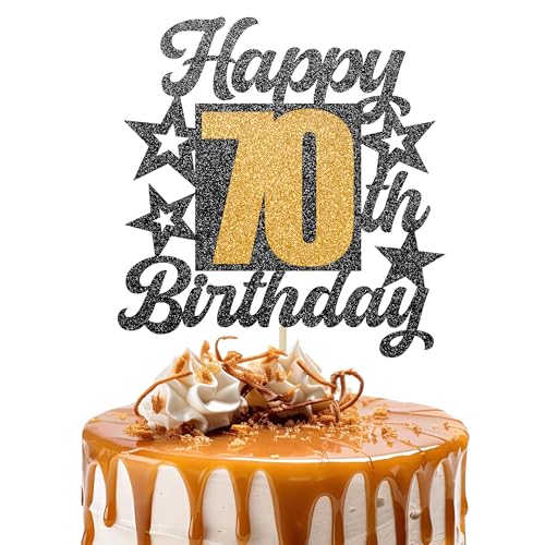 Happy 70th Birthday Cake Topper - Cheers to 70 Years Black Gold Glitter - 70 & Fabulous Cake Decoration - Kids Birthday Cake Topper for Girls or Boys - Party Supplies von TOYVENTURES
