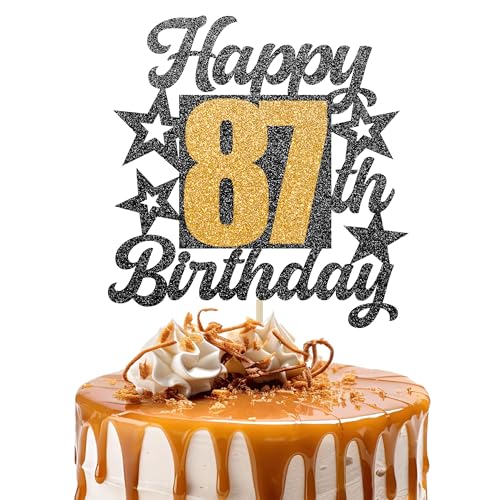 Happy 87th Birthday Cake Topper - Cheers to 87 Years Black Gold Glitter - 87 & Fabulous Cake Decoration - Kids Birthday Cake Topper for Girls or Boys - Party Supplies von TOYVENTURES