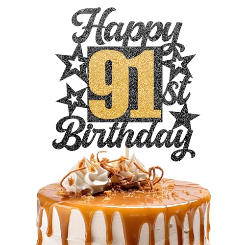 Happy 91st Birthday Cake Topper - Cheers to 91 Years Black Gold Glitter - 91 & Fabulous Cake Decoration - Kids Birthday Cake Topper for Girls or Boys - Party Supplies Happy 91st Birthday Cake Topper - Cheers to 91 Years Black Gold Glitter - 91 & Fabulous Cake Decoration - Kids Birthday Cake Topper for Girls or Boys - Party Supplies von TOYVENTURES
