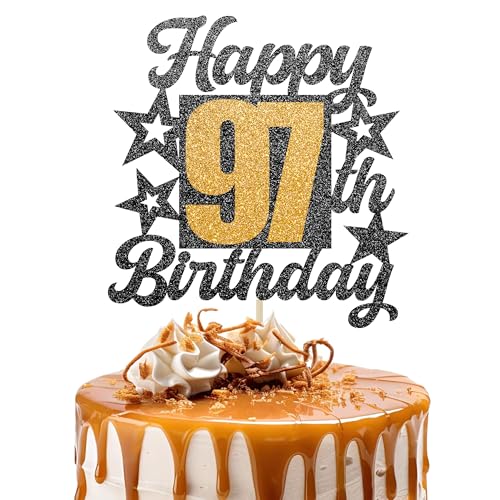 Happy 97th Birthday Cake Topper - Cheers to 97 Years Black Gold Glitter - 97 & Fabulous Cake Decoration - Kids Birthday Cake Topper for Girls or Boys - Party Supplies von TOYVENTURES