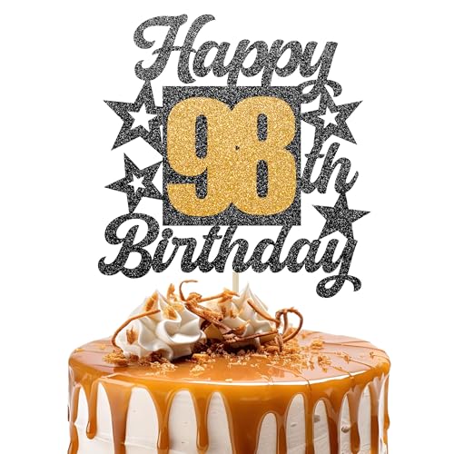 Happy 98th Birthday Cake Topper - Cheers to 98 Years Black Gold Glitter - 98 & Fabulous Cake Decoration - Kids Birthday Cake Topper for Girls or Boys - Party Supplies von TOYVENTURES
