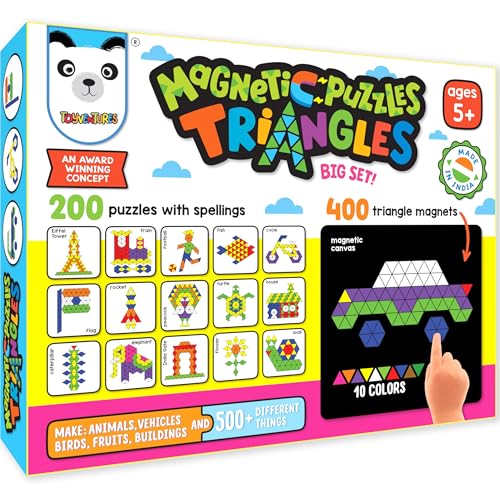 TOYVENTURES Magnetisches Puzzle-Set - Triangles Edition | 400 bunte Dreieckmagnete, 200 Puzzlebuch, magnetische Leinwand & Präsentationsständer | STEM-Spielzeug für Kinder ab 4 Jahren von TOYVENTURES