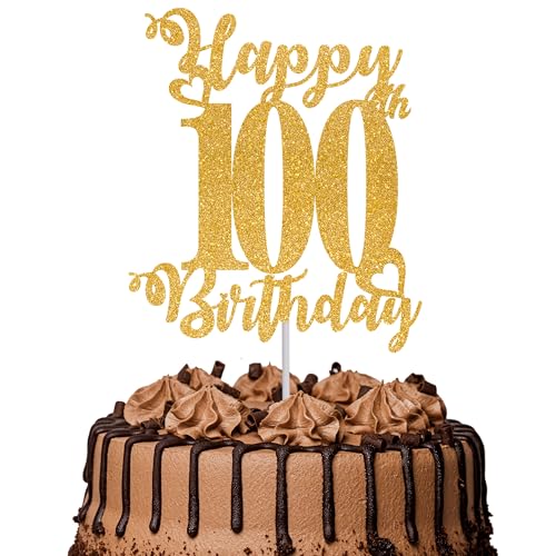 Tortenaufsatz "Happy 100th Birthday", glitzernd, "Cheers to 100 Years", Kuchendekoration, 100 tolle Kuchendekoration für Happy 100th Birthday Anniversary Party Kuchen Dekorationen Supplies Gold von TOYVENTURES