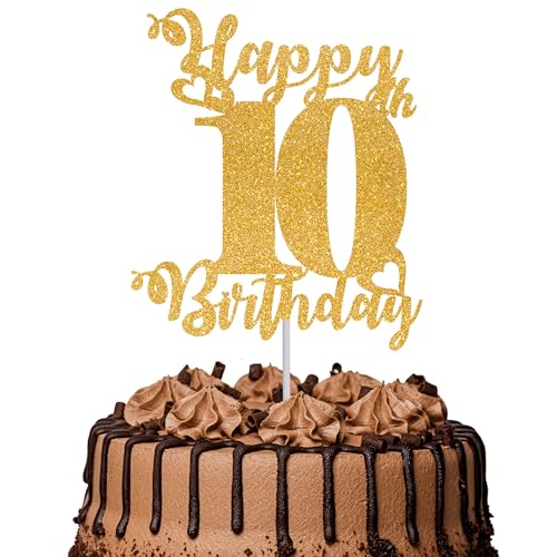 Tortenaufsatz "Happy 10th Birthday", glitzernd, Aufschrift "Cheers to 10 Years", 10 tolle Kuchendekoration für Happy 10th Birthday Party, Kuchendekorationen, Zubehör, goldfarben, 1 Stück von TOYVENTURES