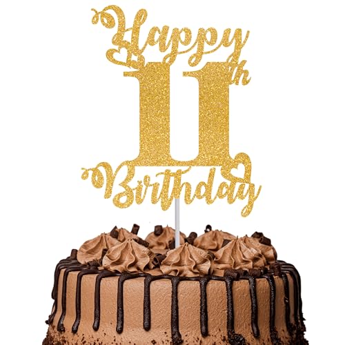 Tortenaufsatz "Happy 11th Birthday", glitzernd, "Cheers to 11 Years", Kuchendekoration, 11 Stück, für Happy 11th Birthday Party, Kuchendekorationen, Zubehör, Gold von TOYVENTURES