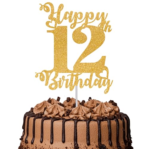 Tortenaufsatz "Happy 12th Birthday", glitzernd, Aufschrift "Cheers to 12 Years", 12 Stück, tolle Kuchendekoration für Happy 12th Birthday Party, Kuchendekorationen, Zubehör, Gold von TOYVENTURES