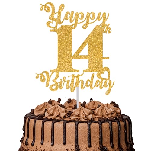 Tortenaufsatz "Happy 14th Birthday", glitzernd, "Cheers to 14 Years", Kuchendekoration, 14 Stück, tolle Kuchendekoration für Happy 14th Birthday Party, Kuchendekorationen, Zubehör, Gold von TOYVENTURES
