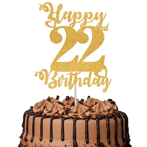 Tortenaufsatz "Happy 22nd Birthday", glitzernd, Aufschrift "Cheers to 22 Years", Kuchendekoration, 22. Geburtstag, Party-Kuchendekoration, goldfarben, 1 Stück Tortenaufsatz "Happy 22nd Birthday", glitzernd, Aufschrift "Cheers to 22 Years", Kuchendekoration, 22. Geburtstag, Party-Kuchendekoration, goldfarben, 1 Stück von TOYVENTURES