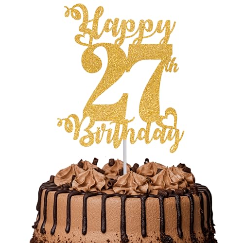 Tortenaufsatz "Happy 27th Birthday", glitzernd, Aufschrift "Cheers to 27 Years", Kuchendekoration für 27. Geburtstag, Kuchendekoration, goldfarben, 1 Stück Tortenaufsatz "Happy 27th Birthday", glitzernd, Aufschrift "Cheers to 27 Years", Kuchendekoration für 27. Geburtstag, Kuchendekoration, goldfarben, 1 Stück von TOYVENTURES